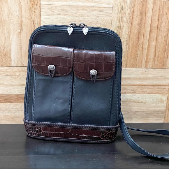 Vintage BRIGHTON Black Croc Leather Trims Two-Flap Front Pockets Shoulder Bag - Picture 4 of 16